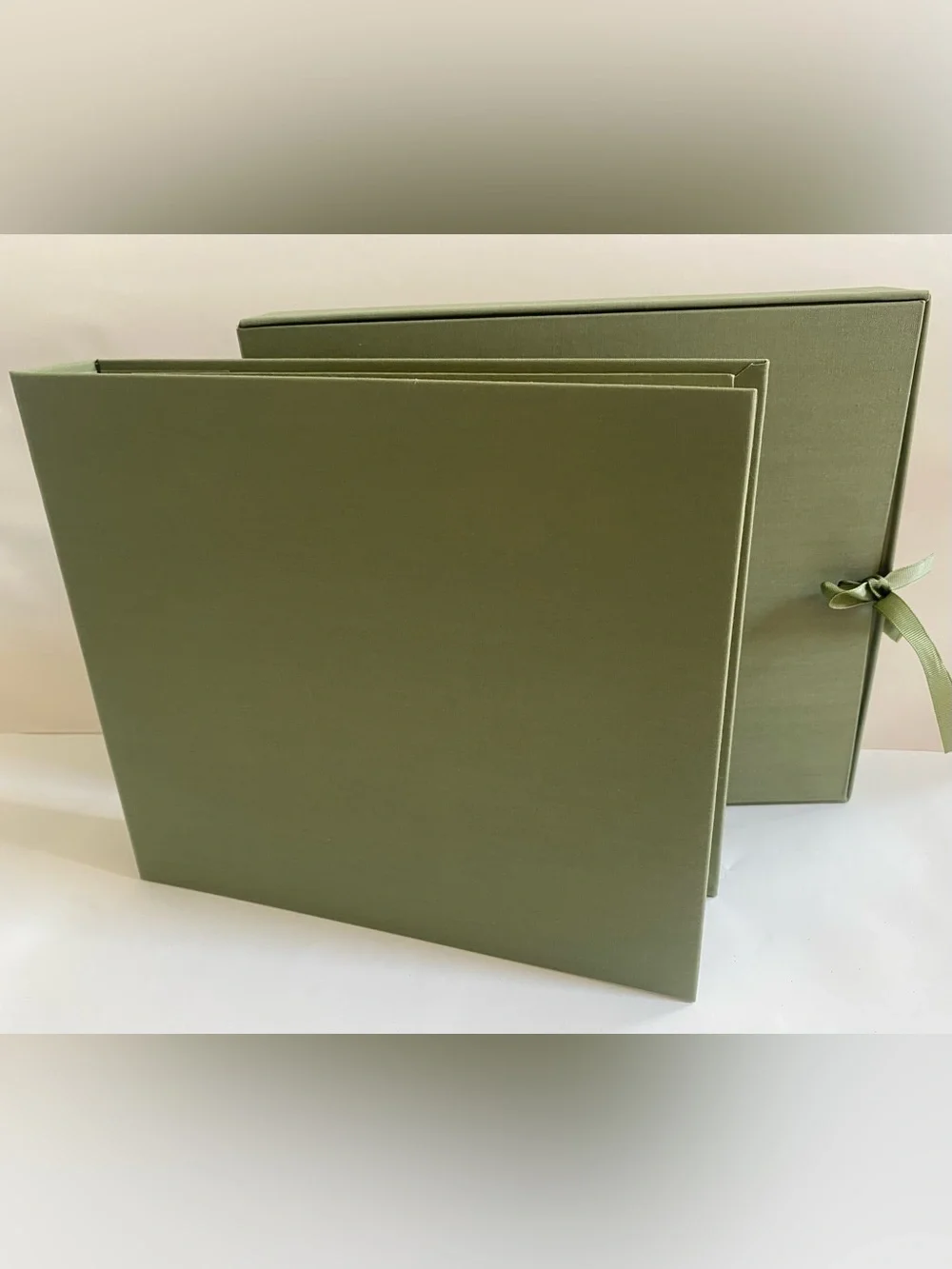 Olive Green Cloth Covered Scrapbook Album and Box, New 8”x8” Pages